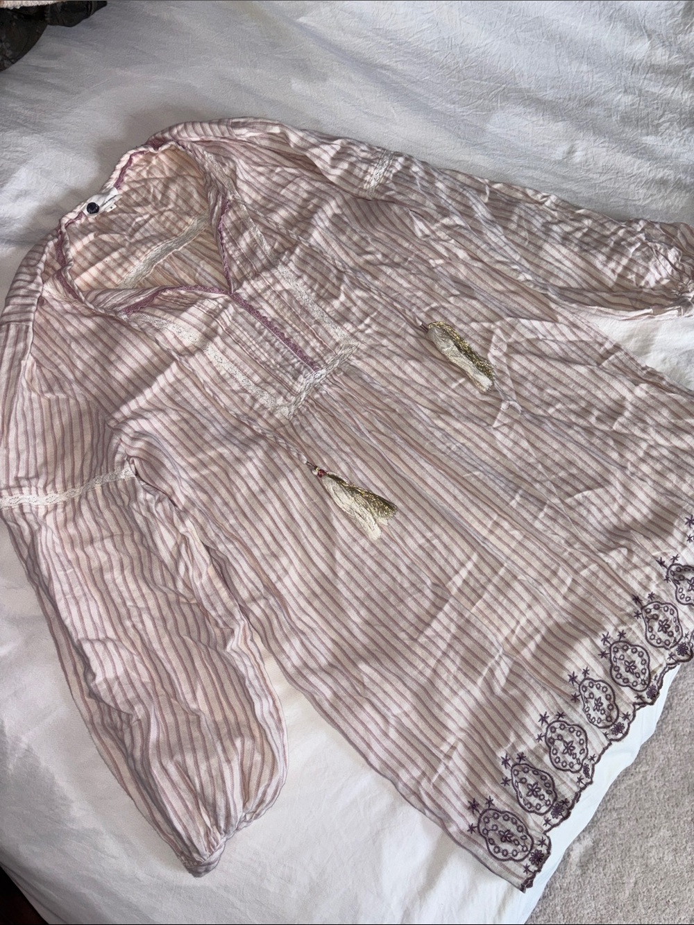 Anthropologie Light Pink Striped Boho Peasant Pajama/Dress with Tassels